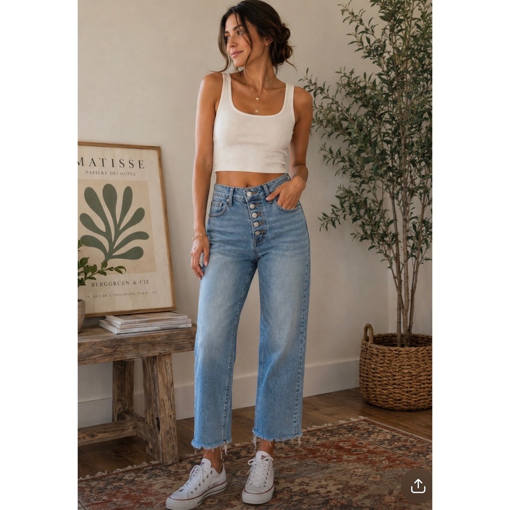 Risen Los Angeles Crossover Button Fly Straight Leg Jeans Medium Wash 7/28